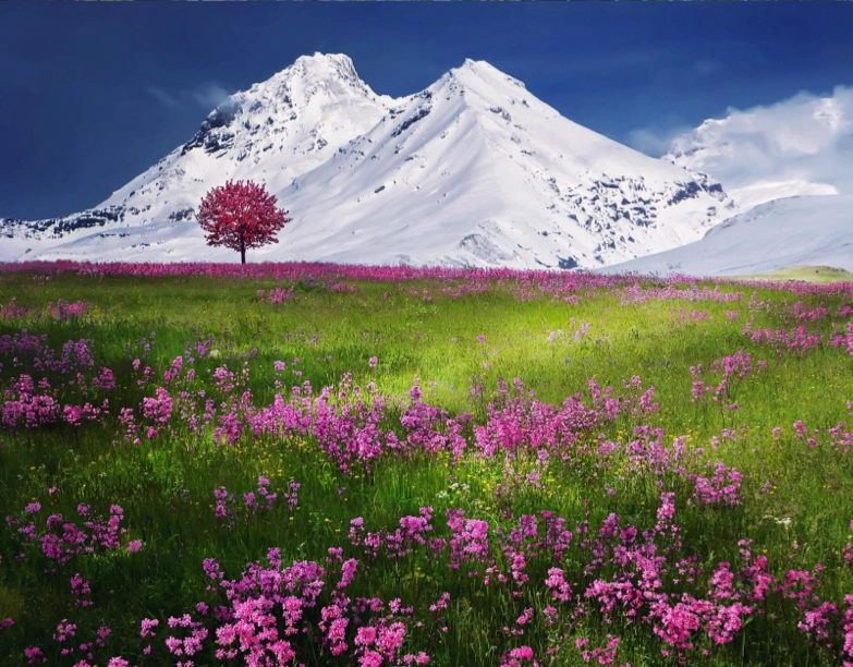 white mountains and a field of pink flowers